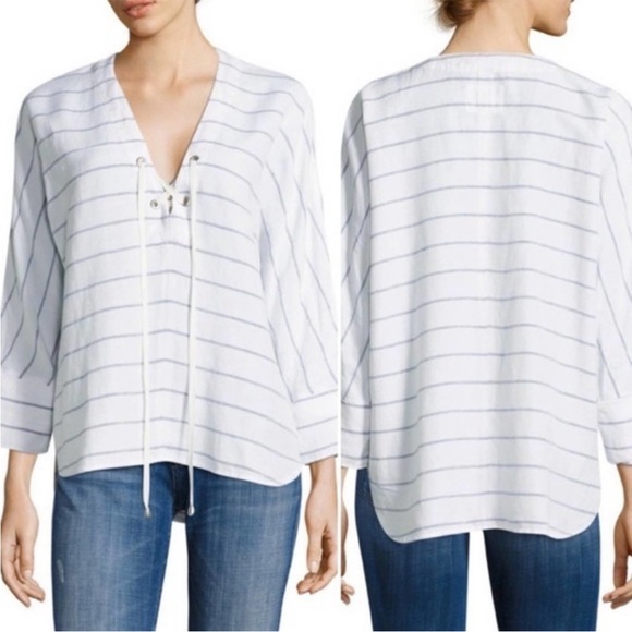 Rails Lily Positano Stripe Linen Lace Up Top - Picture 2 of 16